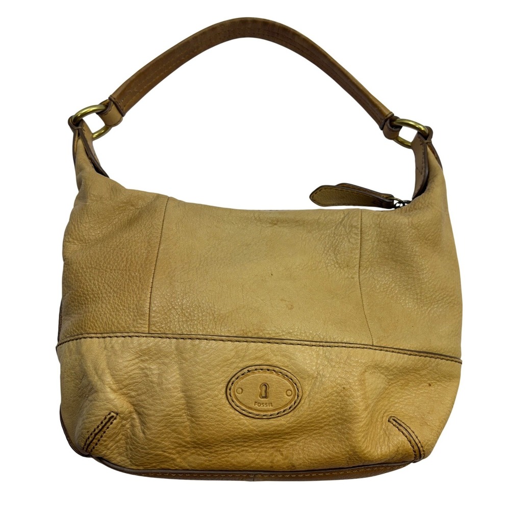 Fossil Tan Pebbled Leather Hobo Shoulder Bag Brass Hardware Buckle Detail
